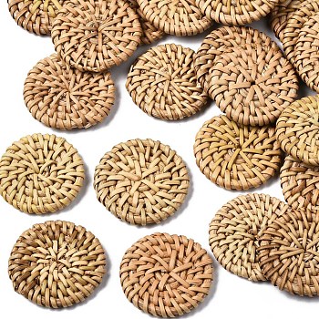 Handmade Reed Cane/Rattan Woven Beads, For Making Straw Earrings and Necklaces, No Hole/Undrilled, Flat Round, BurlyWood, 34~38x5~6mm