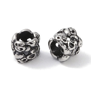 316 Surgical Stainless Steel European Beads, Large Hole Beads, Column with Skull, Antique Silver, 9x8mm, Hole: 5mm