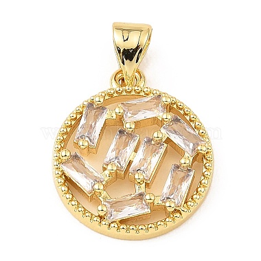 Real 18K Gold Plated Clear Flat Round Brass+Cubic Zirconia Pendants