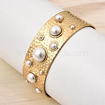 304 Stainless Steel Open Cuff Bangles, Wide Bangles for Women, with Round Plastic Pearl, Golden, Inner Diameter: 1.95x2.38 inch(4.95x6.05cm)(BJEW-K264-05G)