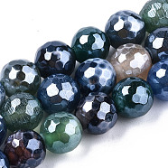 Electroplate Natural Agate Beads Strands, Dyed, Faceted, Pearl Luster Plated, Round, Colorful, 10.5mm, Hole: 1.2mm, about 36~37pcs/strand, 14.37 inch~14.57 inch(36.5cm~37cm)(G-T131-55-19)