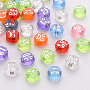 Transparent Mixed Color Acrylic Beads, Metal Enlaced, Flat Round with Mixed Expression, Silver Plated, 7x3.5mm, Hole: 1.5mm, about 3600~3700pcs/500g(TACR-Q102-003A)