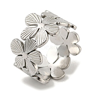 304 Stainless Steel Open Cuff Ring, Flower, Stainless Steel Color, US Size 6 3/4(17.1mm)(RJEW-C067-21P)