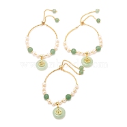 Natural Green Aventurine Beads & Flat Round Charms Slider Bracelets, Real 18K Gold Plated, with Natural Pearl, Brass Chains, Long-Lasting Plated, Inner Diameter: 2-1/4 inch(5.55~10cm)(BJEW-D447-15G)