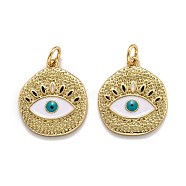 Brass Enamel Pendants, with Jump Ring, Long-Lasting Plated, Real 18K Gold Plated, Flat Round with Evil Eye, Seashell Color, 19x16x2mm, Hole: 3.6mm(KK-O140-08G)