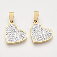 201 Stainless Steel Pendants, with Random Size Snap On Bails and Polymer Clay Crystal Rhinestones, Heart, Golden, 18.5x21.5x2.5mm, Hole: 7~10x3~5mm(STAS-N089-97G)