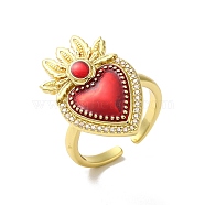 Sacred Heart Brass Micro Pave Cubic Zirconia Cuff Rings, with Enamel, Lead Free & Cadmium Free, Long-Lasting Plated, Real 18K Gold Plated, Dark Red, Adjustable, Heart: 24.5x15mm(RJEW-H236-01G-01)