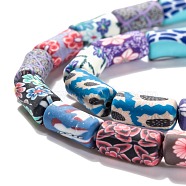 Handmade Flower Printed Polymer Clay Beads Strands, Column, Colorful, 11~12x5~6mm, Hole: 2.7mm, about 32~34pcs/strand, 15.8 inch(40cm)(CLAY-M003-03)