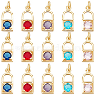 15Pcs 5 Colors Real 18K Gold Plated Brass Micro Pave Cubic Zirconia Charms, with Jump Ring, Long-Lasting Plated, Lock, Mixed Color, 15.5x7x3.5mm, Jump Ring: 5x1mm, 3mm Inner Diameter, 3pcs/color(ZIRC-BBC0002-32)