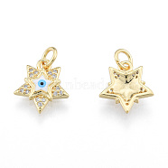 Brass Micro Pave Clear Cubic Zirconia Charms, with Enamel and Jump Rings, Real 18K Gold Plated, Nickel Free, Star with Evil Eye, White, 13x11.5x2.5mm, Jump Ring: 5mm in diameter, 1mm thick, 3mm thick(KK-N227-107D)