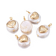 Mother's Day Theme, Natural Cultured Freshwater Pearl Pendants, with Brass Micro Pave Cubic Zirconia Findings, Nuggets, Heart with Word Mom, Golden, Clear, 17~26x11~16x5~11mm, Hole: 1.6~2mm(PEAR-L027-35A)