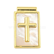 Rack Plating Brass Pave Shell Pendants, Rectangle Charms, Cadmium Free & Lead Free, Real 18K Gold Plated, Cross, 22x13.5x3mm, Hole: 1.5mm(KK-Z053-26G-01)