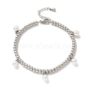 304 Stainless Steel Plastic Pearl Charm Bracelet with 201 Stainless Steel Round Beads for Women, Stainless Steel Color, 8-5/8 inch(22cm)(BJEW-B057-20P)