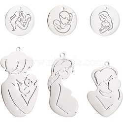 6Pcs 6 Style Mother's Day 304 Stainless Steel Pendants, Mother & Child & Heart with Mother & Baby Mother's Da, Stainless Steel Color, 16~46x15.5~25x1~1.3mm, Hole: 1.5~5mm, 1pc/style(STAS-PH0004-44)