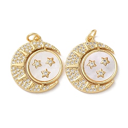 Brass Micro Pave Clear Cubic Zirconia Pendants, with Shell and Jump Ring, Real 18K Gold Plated, Moon, 23x20x2.5mm, Hole: 3mm(KK-B083-36A-G)