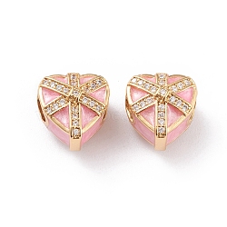 Real 18K Gold Plated Brass European Beads, Large Hole Beads, with Enamel and Clear Cubic Zirconia, Long-Lasting Plated, Heart Shaped Gifts, for Christmas, Pink, 11x11x9.3mm, Hole: 4.2mm(OPDL-L018-D01)