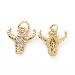 Brass Micro Pave Cubic Zirconia Charms, Real 18K Gold Plated, with Jump Ring, Ox-head, Clear, 11x12x2.5mm, Jump Ring: 5x0.8mm, Inner Diameter: 3.2mm(KK-E068-VF058)