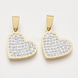 201 Stainless Steel Pendants, with Random Size Snap On Bails and Polymer Clay Crystal Rhinestones, Heart, Golden, 18.5x21.5x2.5mm, Hole: 7~10x3~5mm(STAS-N089-97G)