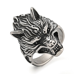 304 Stainless Steel Ring, Wolf, Inner Diameter: 19mm(RJEW-B055-01AS-01)