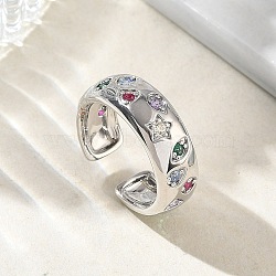 Brass Micro Pave Colorful Cubic Zirconia Cuff Open Rings, Star, Cadmium Free & Lead Free, Long-Lasting Plated, Rack Plating, Platinum, 7mm, Inner Diameter: 16mm(RJEW-Z145-05P)