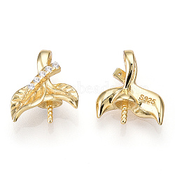 925 Sterling Silver Micro Pave Cubic Zirconia Peg Bails, Leaf Cup Peg Bails, For Half Drilled Beads, Nickel Free, with S925 Stamp, Real 18K Gold Plated, 12x10x4mm, Hole: 1.8mm, Pin: 0.8mm(STER-T004-33G)