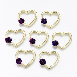Rack Plating Open Back Bezel, For DIY UV Resin, Epoxy Resin, Pressed Flower Jewelry, with Resin, Cadmium Free & Nickel Free & Lead Free, Heart with Purple 3D Flower, Light Gold, 18.5x20x5mm(PALLOY-N155-46-NR)