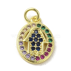 Brass Micro Pave Cubic Zirconia Pendants, Real 18K Gold Plated, Hamsa Hand Charms, Colorful, 16.5x11.5x2mm, Hole: 3mm(KK-M283-13G-02)