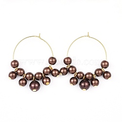 Wine Glass Charms, with Glass Pearl Beads and Brass Hoop Earrings, Golden, Saddle Brown, 42.5~43x36~37.5x8mm, Pin: 0.6mm(EJEW-JE03184-05)