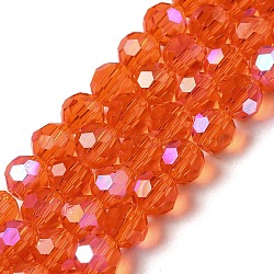 Electroplate Transparent Glass Beads Strands, Faceted, Round, Rainbow Plated, Orange, 6mm, Hole: 1mm, about 98~100pcs/strand, 20.39~20.59 inch(51.8~52.3cm)(EGLA-A035-T6mm-L05)