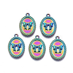 Rainbow Color Alloy Pendants Rhinestone Settings, Cadmium Free & Nickel Free & Lead Free, Oval with Bowknot, 23.5x16x2mm, Hole: 1.6~1.8mm, Fit For 1mm Rhinestone(PALLOY-S180-316)