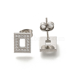 304 Stainless Steel Micro Pave Clear Cubic Zirconia Stud Earrings, Stainless Steel Color, Rectangle, 9x7.5mm(EJEW-H018-03P-03)