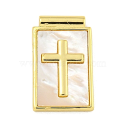 Rack Plating Brass Pave Shell Pendants, Rectangle Charms, Cadmium Free & Lead Free, Real 18K Gold Plated, Cross, 22x13.5x3mm, Hole: 1.5mm(KK-Z053-26G-01)