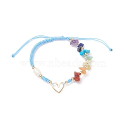 Natural Mixed Stone & Freshwater Pearl Braided Bead Bracelets, Brass Heart Link Bracelet for Men Women, Light Sky Blue, Inner Diameter: 2~3-5/8 inch(5.1~9.1cm)(BJEW-JB08720-02)