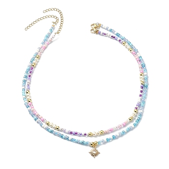 2Pcs 2 Style Glass Seed Beaded Necklaces Set, Clear Cubic Zirconia Sun Charm Stackable Necklaces, Mixed Color, 14.76~16.34 inch(37.5~41.5cm), 1Pc/style