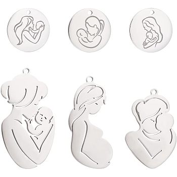 6Pcs 6 Style Mother's Day 304 Stainless Steel Pendants, Mother & Child & Heart with Mother & Baby Mother's Da, Stainless Steel Color, 16~46x15.5~25x1~1.3mm, Hole: 1.5~5mm, 1pc/style