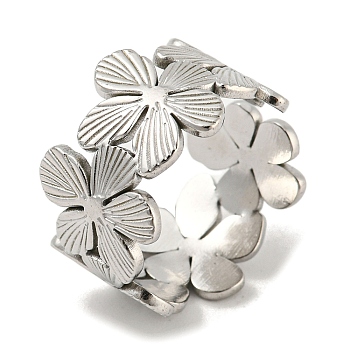 304 Stainless Steel Open Cuff Ring, Flower, Stainless Steel Color, US Size 6 3/4(17.1mm)