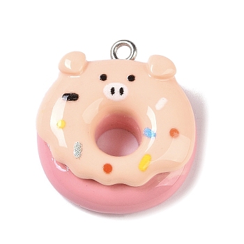 Opaque Resin Imitation Food Pendants, Animal Donut Charms with Platinum Plated Iron Loops, Pig, 25.5x23x9mm, Hole: 2mm