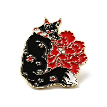 Flower with Fox Enamel Pin, Gold Alloy Brooch for Backpack Clothes, Golden, 27x24.5x2mm