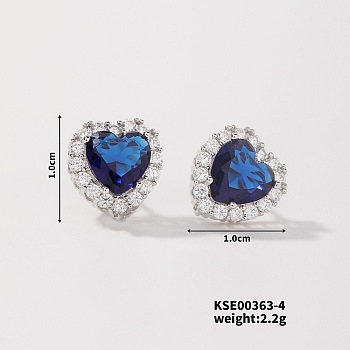 Chic Heart-shaped Stud Earrings with Delicate Diamonds, Platinum, Blue Zircon AB, 10x10mm