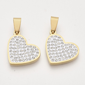 201 Stainless Steel Pendants, with Random Size Snap On Bails and Polymer Clay Crystal Rhinestones, Heart, Golden, 18.5x21.5x2.5mm, Hole: 7~10x3~5mm