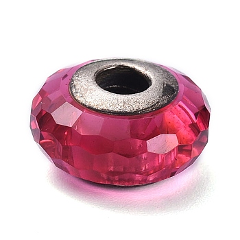 Faceted Glass Beads, Rondelle, Large Hole Beads, with 925 Sterling Silver Double Cores, Medium Violet Red, Silver, 15x9mm