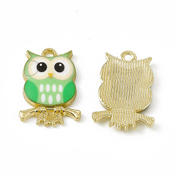 Painted Alloy Pendants, Owl Charm, Cadmium Free & Nickel Free & Lead Free, Golden, Lime, 21.5x15x2.3mm, Hole: 2mm