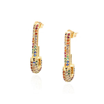 SHEGRACE Brass Micro Pave Grade AAA Cubic Zirconia Stud Earrings, Colorful, Real 18K Gold Plated, 25.5x10mm