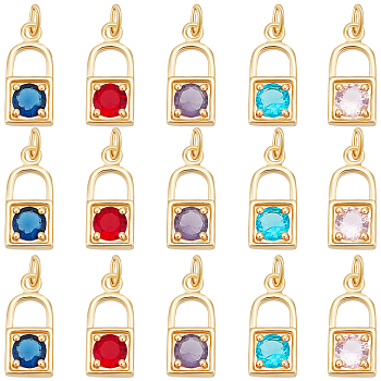 15Pcs 5 Colors Real 18K Gold Plated Brass Micro Pave Cubic Zirconia Charms, with Jump Ring, Long-Lasting Plated, Lock, Mixed Color, 15.5x7x3.5mm, Jump Ring: 5x1mm, 3mm Inner Diameter, 3pcs/color
