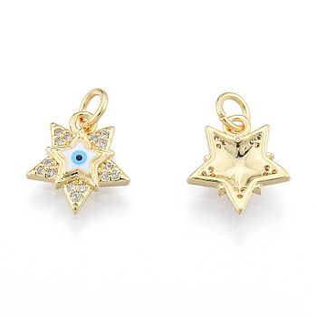 Brass Micro Pave Clear Cubic Zirconia Charms, with Enamel and Jump Rings, Real 18K Gold Plated, Nickel Free, Star with Evil Eye, White, 13x11.5x2.5mm, Jump Ring: 5mm in diameter, 1mm thick, 3mm thick