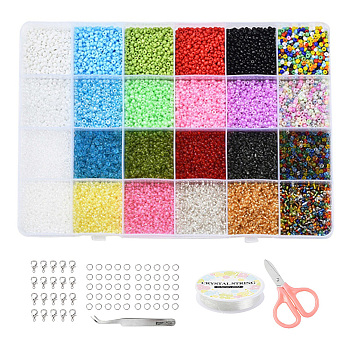 DIY Jewelry Making Kits, Including Round Glass Seed Beads, Elastic Crystal Thread, Tweezers, Scissors, Alloy Clasps and Iron Rings, Mixed Color, Beads: 19200pcs/set