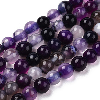 Natural Striped Agate/Banded Agate Bead Strands, Dyed, Round, Purple, 4mm, Hole: 1mm, about 96pcs/strand, 14.56 inch