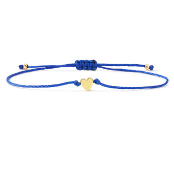 Valentine's Adjustable Braided Polyester Cord Bracelets, Brass Heart Charm Jewelry for Women, Blue, 11.02 inch(28cm)