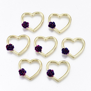 Rack Plating Open Back Bezel, For DIY UV Resin, Epoxy Resin, Pressed Flower Jewelry, with Resin, Cadmium Free & Nickel Free & Lead Free, Heart with Purple 3D Flower, Light Gold, 18.5x20x5mm