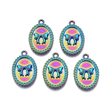 Rainbow Color Alloy Pendants Rhinestone Settings, Cadmium Free & Nickel Free & Lead Free, Oval with Bowknot, 23.5x16x2mm, Hole: 1.6~1.8mm, Fit For 1mm Rhinestone